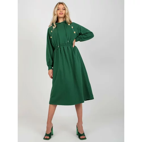 Fashionhunters Dark green flared sweatshirt dress with a hood