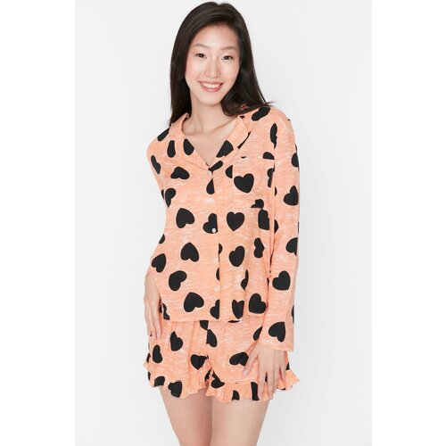 Trendyol Peach Heart Pattern Viscose Woven Pajamas Set Slike