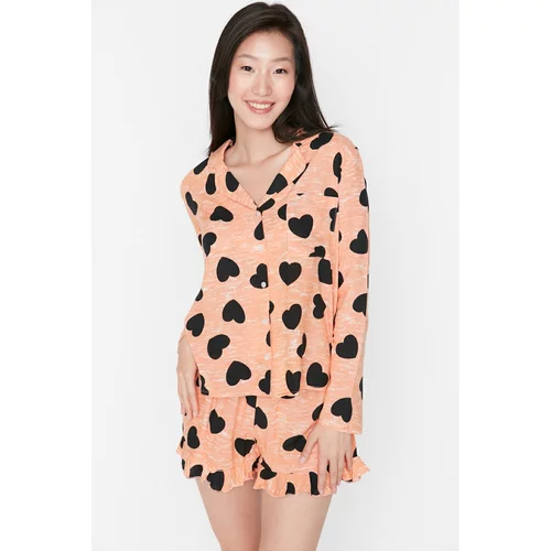 Trendyol Peach Heart Pattern Viscose Woven Pajamas Set