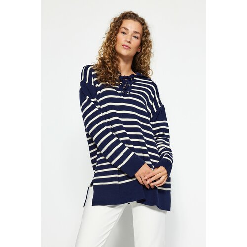 Trendyol Navy Blue Comfortable Fit Striped Knitwear Sweater Slike