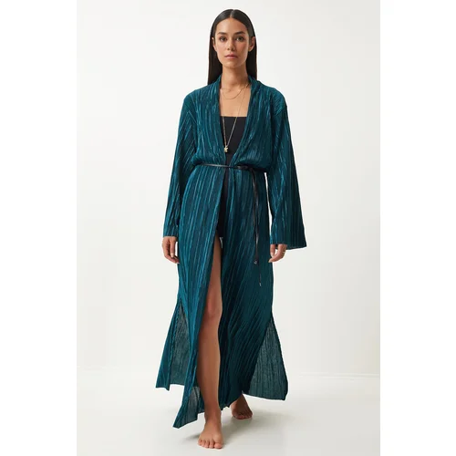 Happiness İstanbul Women's Dark Green Leather Belted Pleated Long Kimono