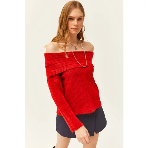 Olalook Women's Red Madonna Collar Soft Textured Knitwear Sweater