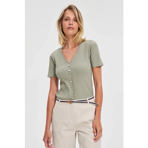 Marisse Olive Blouse With Lace Neckline Cene