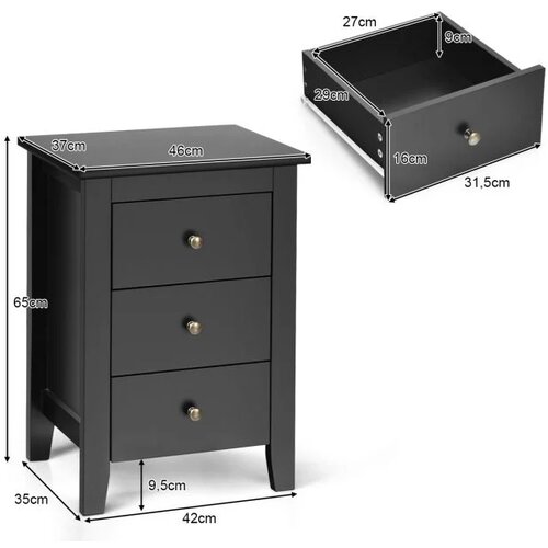  Komplet 2 nočnih omaric s 3 predali, dim. 46 x 37 x 65 cm, črne barve Slike