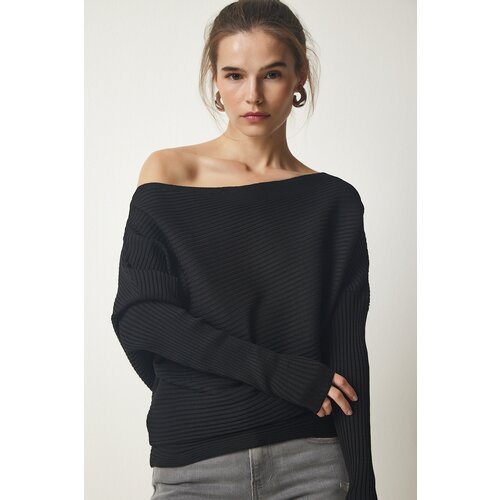  Women&amp;#039;s Black Asymmetrical Collar Corduroy Sweater Slike