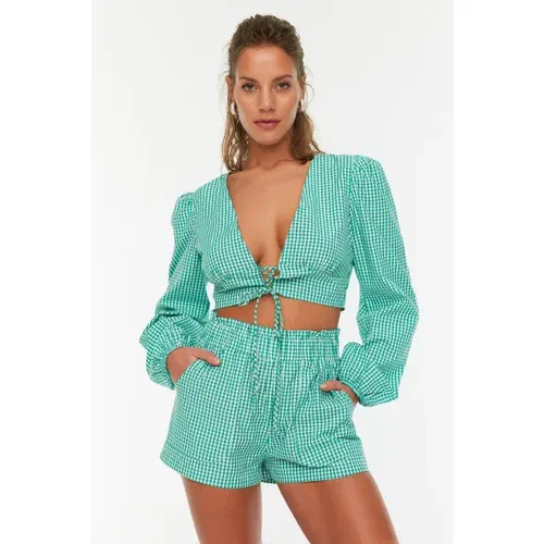 Trendyol Green Gingham Tie Detail Blouse-Short Set