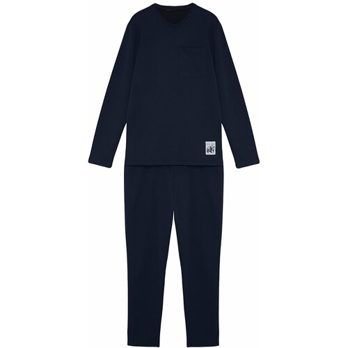 Trendyol Men's Navy Blue Tag Detail Knitted Pajamas Set Slike