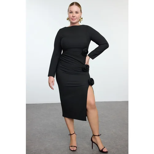 Trendyol Curve Black Boat Neck Maxi Slit Rose Woven Plus Size Dress