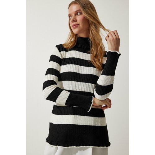 Happiness İstanbul Women's Black Ecru Turtleneck Frilly Striped Knitwear Sweater Slike