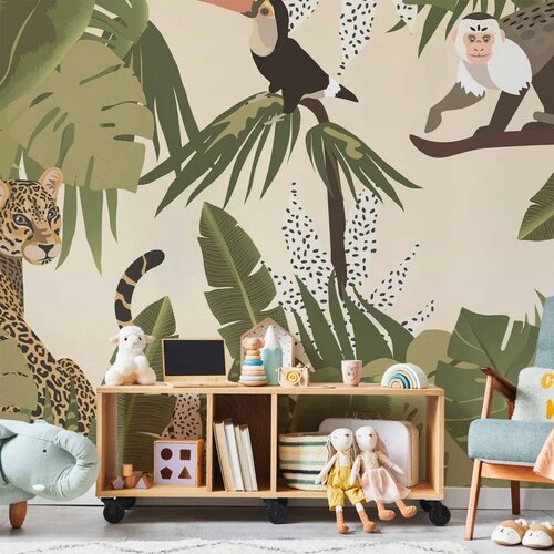  Foto tapeta - Leaves and Shapes - Jungle in Faded Colours With Animals 200x140 Vodootporna Cene