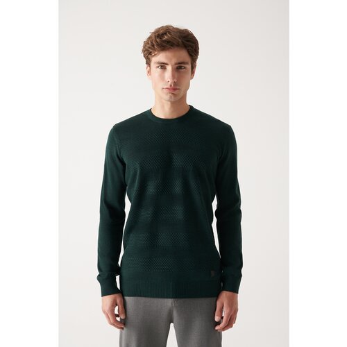 Avva Men's Green Crew Neck Honeycomb Textured Standard Fit Regular Cut Knitwear Sweater Cene