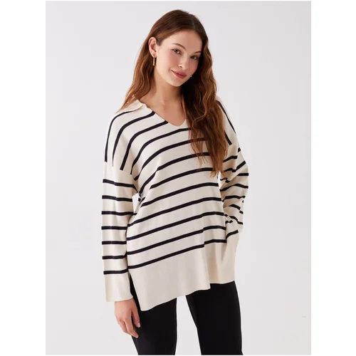 LC Waikiki Women's Polo Neck Striped Long Sleeve Oversized Knitwear Sweater