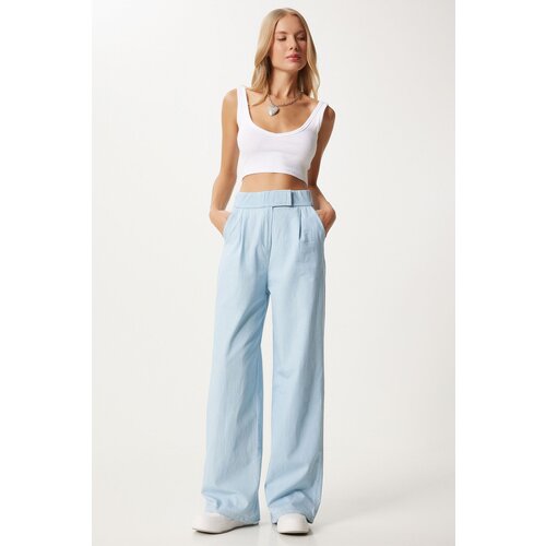 Happiness İstanbul Women&amp;#039;s Light Blue Waist Velcro Comfort Palazzo Pants Slike