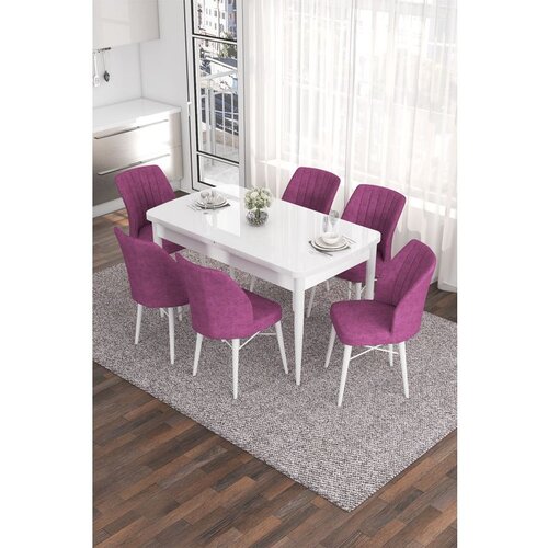 Hanah home Eva - White, Purple WhitePurple Extendable Dining Table & Chairs Set (7 Pieces) Cene