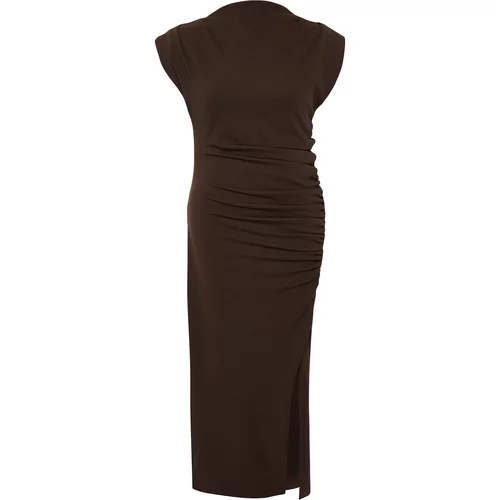 Trendyol Curve Brown Gathered Detailed Midi Knitted Dress