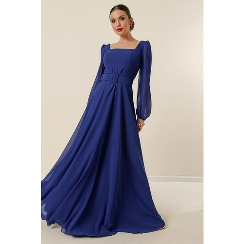 By Saygı Square Neck Belted Waist Lined Chiffon Long Evening Dress Cene
