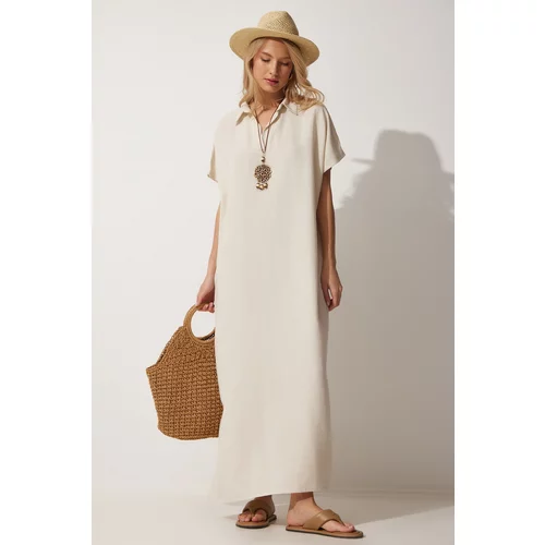 Happiness İstanbul Women's Cream Long Summer Linen Dress with a Necklace