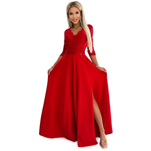 Numoco Elegant lace long dress with a neckline and slit Slike
