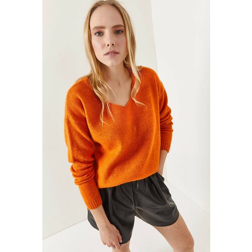Olalook Women's Orange V-Neck Soft Textured Knitwear Sweater Slike