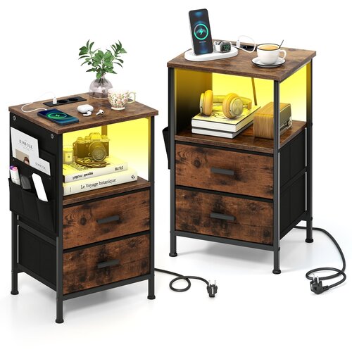 Costway Komplet 2 kavnih mizic s polnilno postajo in osvetlitvijo LED, rustikalna rjava, (5000399697) Cene