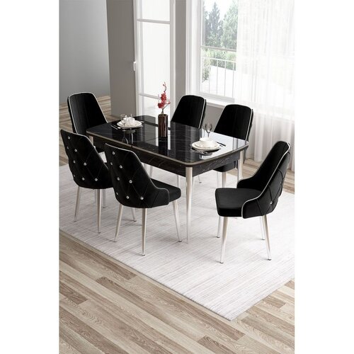 Hanah home trpezarijski set Tia, sto i 6 stolica, ploča u dekoru crnog mermera, hromirane noge, crna tkanina Babyface Cene