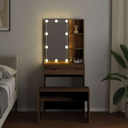  Toaletni stolić s LED-om Artisan hrastovinom izrađenim drvom Smeđa 60 x 40 x 140 cm Slike