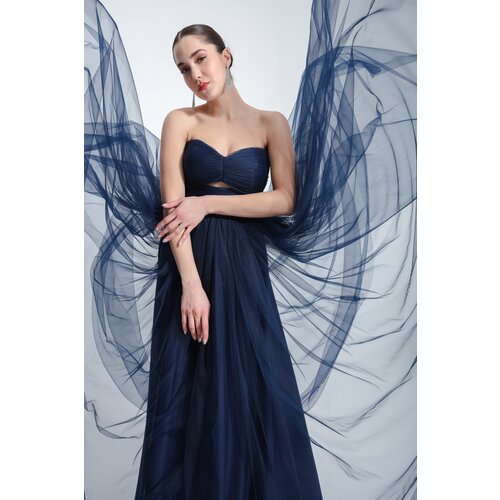 Lafaba women's navy blue strapless tulle evening dress Slike