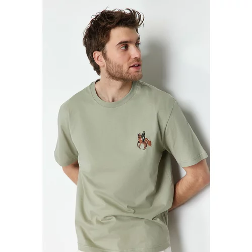 Trendyol Mint Men's Relaxed/Comfortable Cut Horse/Animal Embroidery Short Sleeve 100% Cotton T-Shirt