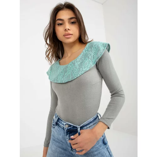 Fashion Hunters Grey and mint blouse with lace trim