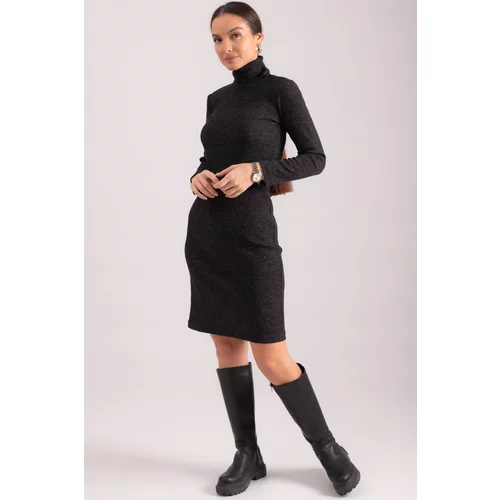 armonika Women's Black Turtleneck Fitted Ribbed Camisole Dress