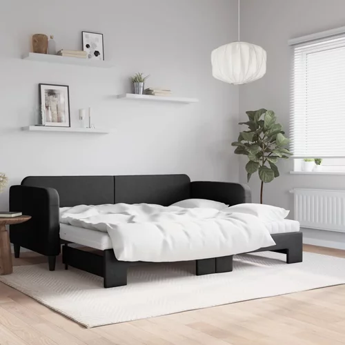 vidaXL Izvlečna dnevna postelja z vzmetnicami črna 90x200 cm blago