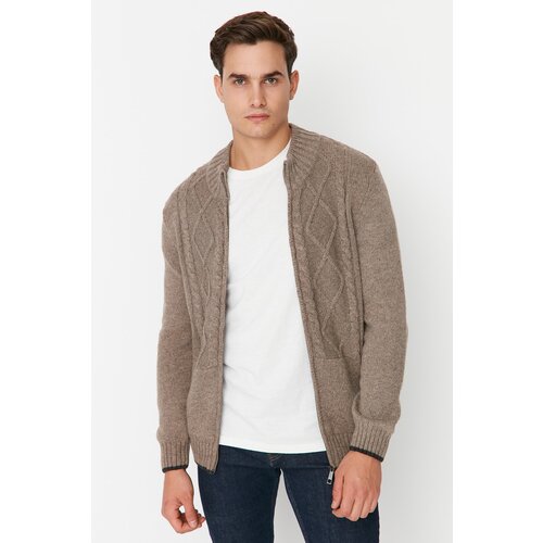 Trendyol Mink Men Slim Fit Knitted Detailed Zippered Pocket Knitwear Cardigan Slike