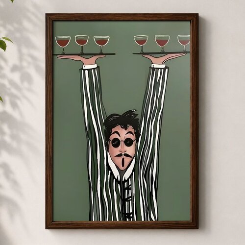 Wallxpert uramljena MDF slika 3752KACT-061, konobar sa ča&amp;scaron;ama vina na poslužavnicima na zelenoj pozadini, 37 x 52 cm Slike