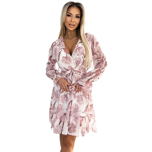 Numoco Chiffon dress with a neckline, ruffles and a belt Slike