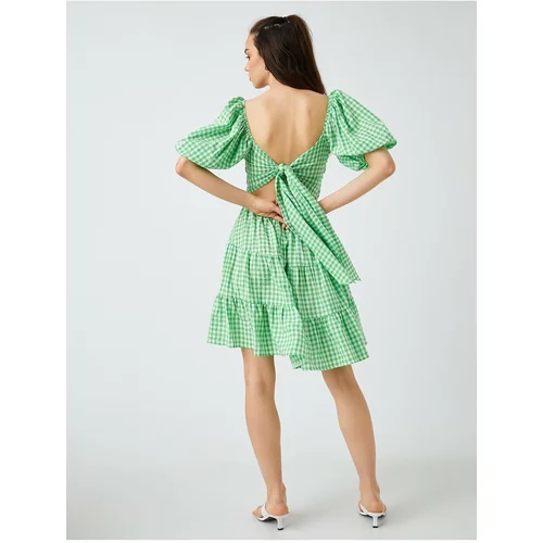 Koton Mini Plaid Dress with Balloon Sleeves and Frill Tie Detail.