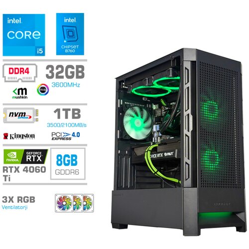 MEGA Računalnik MT S8 i5-13400/RTX4060Ti/32GB/1TB-4.0/750W/Brez OS/črna RGB + Estetski napajalni kabli [Zelena / Črna], (22097710) Cene