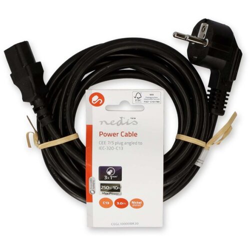 Nedis CEGL10000BK30 Kabl za napajanje sa uzemljenjem mu&amp;scaron;ki, IEC-320-C13, Ugaoni, Niklovani, 3m, Okrugli, P Slike