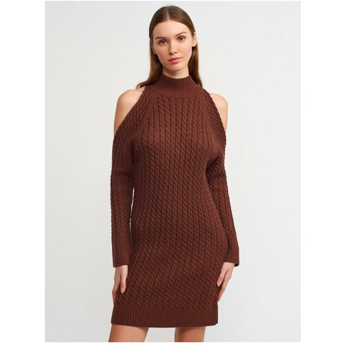 Dilvin 90131 Half Turtleneck Sweater Dress-brown with Open Shoulders. Slike