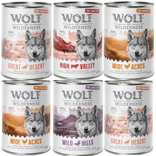 Wolf of Wilderness Miješano pakiranje 6 x 400 g Mix "Free-Range Meat": 2 x puretina, 2 x piletina, govedina, pačetina