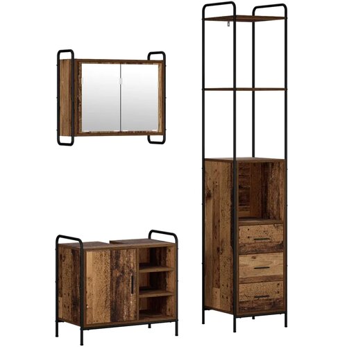  Set ormarića za kupaonicu 3 kom. Staro drvo 40 x 36 x 200 5 cm - Staro drvo Ormar s umivaonikom (1 vrata i 1 polica) + viseći or Slike