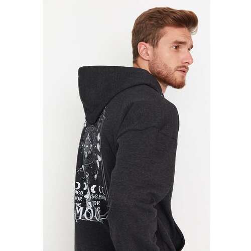 Trendyol Anthracite Melange Men's Oversize Fit Hoodie Printed Sweatshirt Cene
