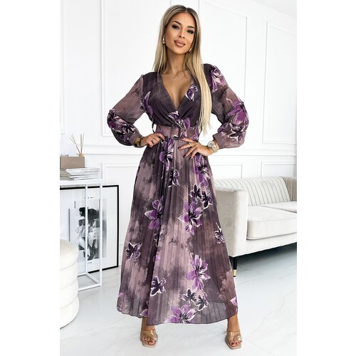 Numoco 520-1 Pleated chiffon long dress with a neckline, long sleeves and a wide belt - PURPLE LARGE FLOWERS Slike