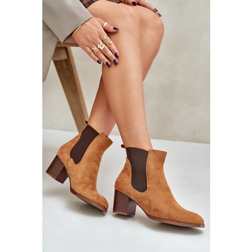 PH2 Chunky Heeled Ankle Boots Made of Eco Suede Camel Sinirae Slike