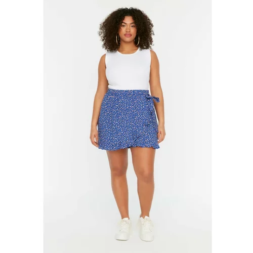 Trendyol Curve Blue Floral Patterned Lacing Detailed Woven Shorts