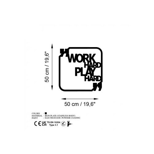 Wallxpert Zidna dekoracija Work Hard Play Hard, 50x50cm, Crna Slike