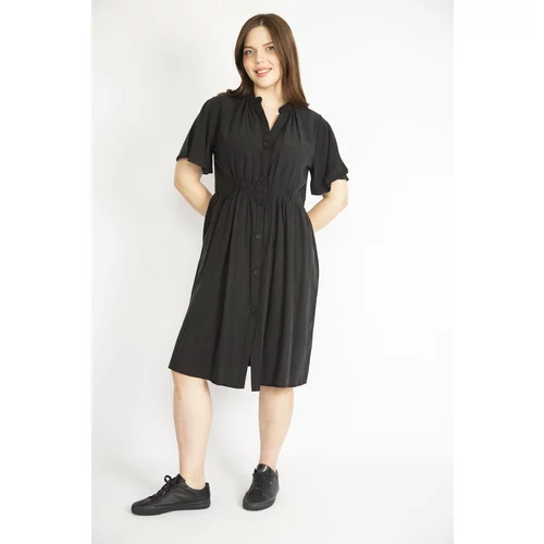Şans Women's Black Plus Size Front Buttoned Elastic Waist Detailed Dress