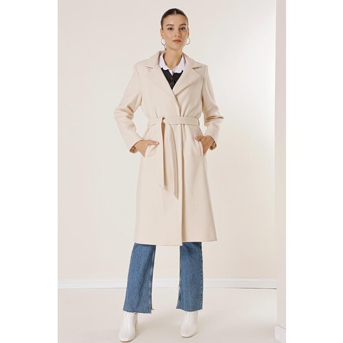 By Saygı Side Pockets, Inner Lined Waist Belted Lapel Straight Cut Imported Cachet Coat Slike