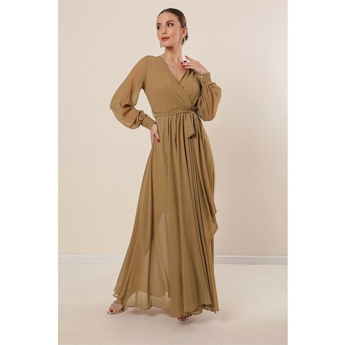 By Saygı Double Breasted Neck Long Sleeves Lined Chiffon Long Dress Gold Cene