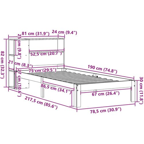 vidaXL Krevet s regalom za knjige bez madraca 75 x 190 cm od borovine Cene
