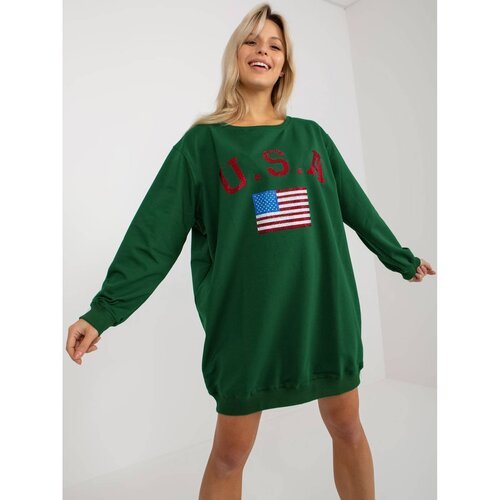 Fashion Hunters Dark green long sweatshirt with a print and an appliqué Slike